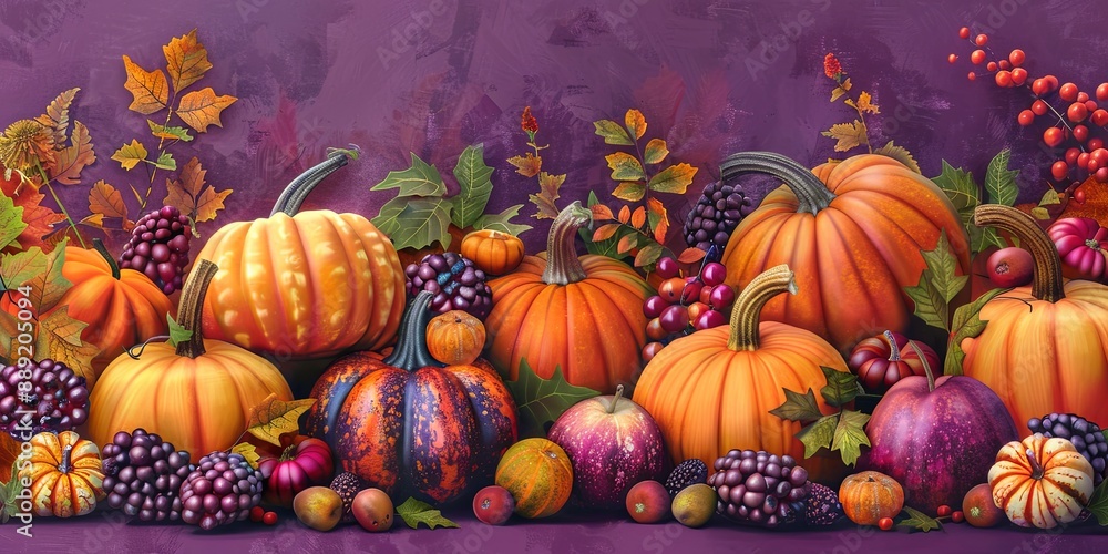 Pumpkins and fall fruits in a three-dimensional style against a purple backdrop Pumpkins and fall fruits in a three-dimensional style against a purple backdrop