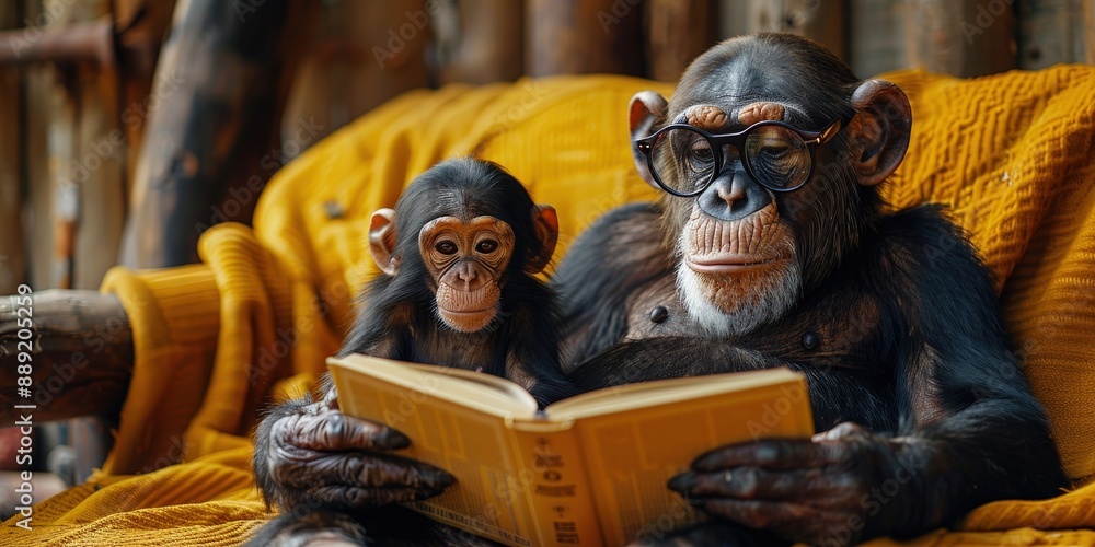 Two intelligent-looking monkeys wearing glasses, engrossed in reading a book, symbolizing curiosity and intelligence. Two intelligent-looking monkeys wearing glasses, engrossed in reading a book, symbolizing curiosity and intelligence.