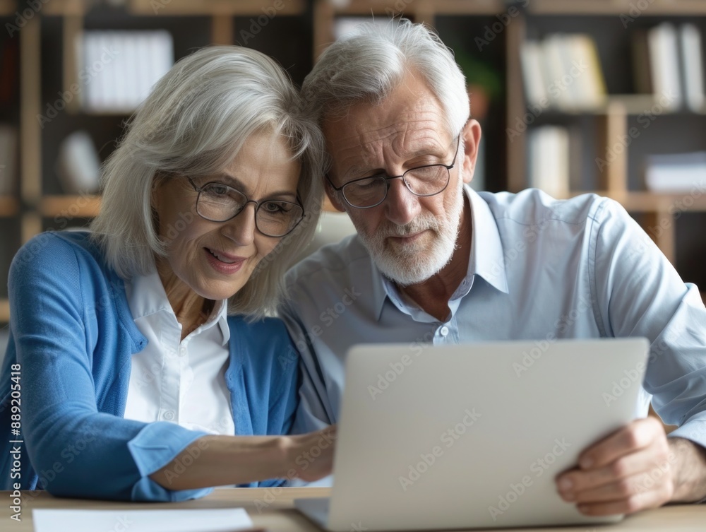 A couple sitting together looking at a laptop screen A couple sitting together looking at a laptop screen