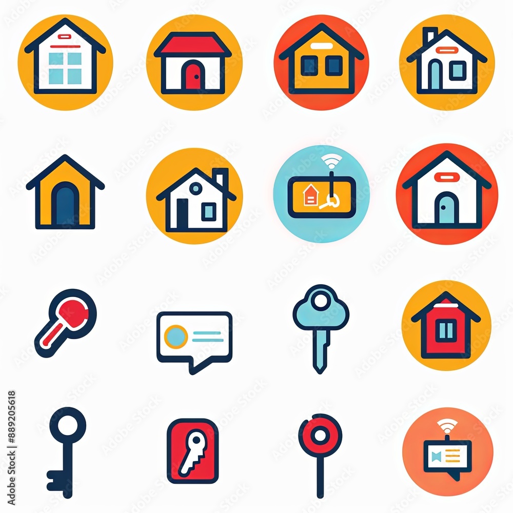 Real estate and homes icon set featuring symbols like area, key in hand, smart home, contact and support, apartments, and others on white Real estate and homes icon set featuring symbols like area, key in hand, smart home, contact and support, apartments, and others on white