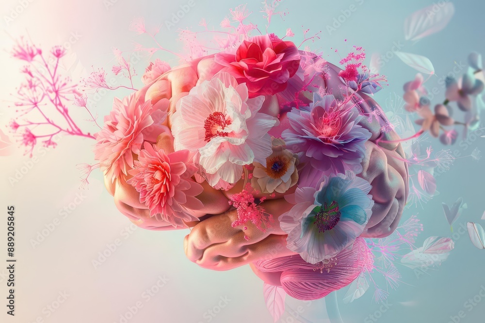 surreal digital illustration of a human brain blooming with vibrant spring flowers soft dreamlike lighting enhances the concept of mental flourishing and emotional growth surreal digital illustration of a human brain blooming with vibrant spring flowers soft dreamlike lighting enhances the concept of mental flourishing and emotional growth
