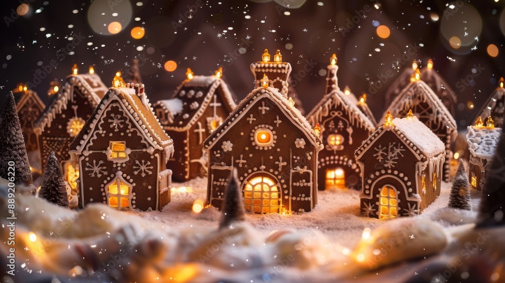 Festive Gingerbread Village with Illuminated Houses and Snowy Landscape at Night Festive Gingerbread Village with Illuminated Houses and Snowy Landscape at Night