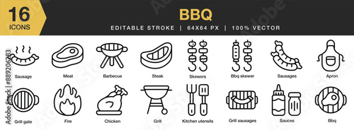 Set of 16 BBQ icon set. Editable Stroke Icon Collection. Includes sausage, skewers, grill, meat, chicken, and More. Outline icons vector collection.