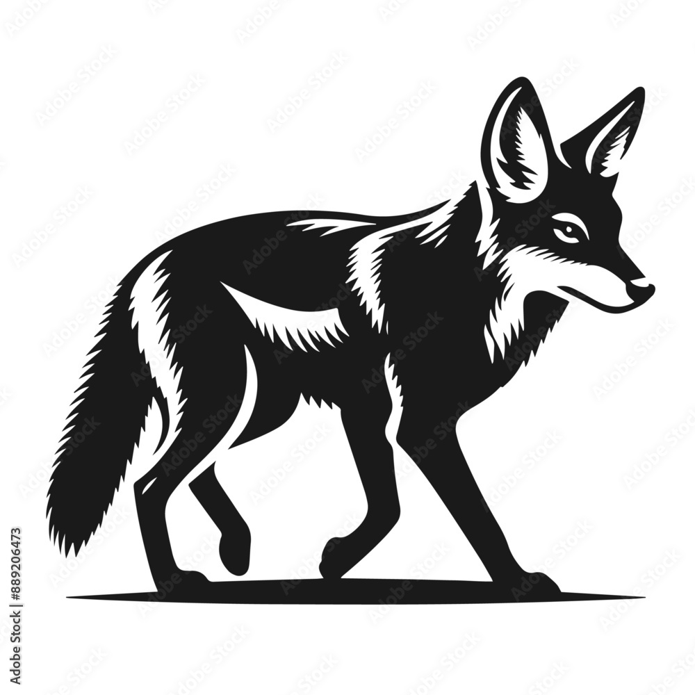 Fototapeta premium Clean black and white vector Silhouette of a Black-backed jackal isolated on white background