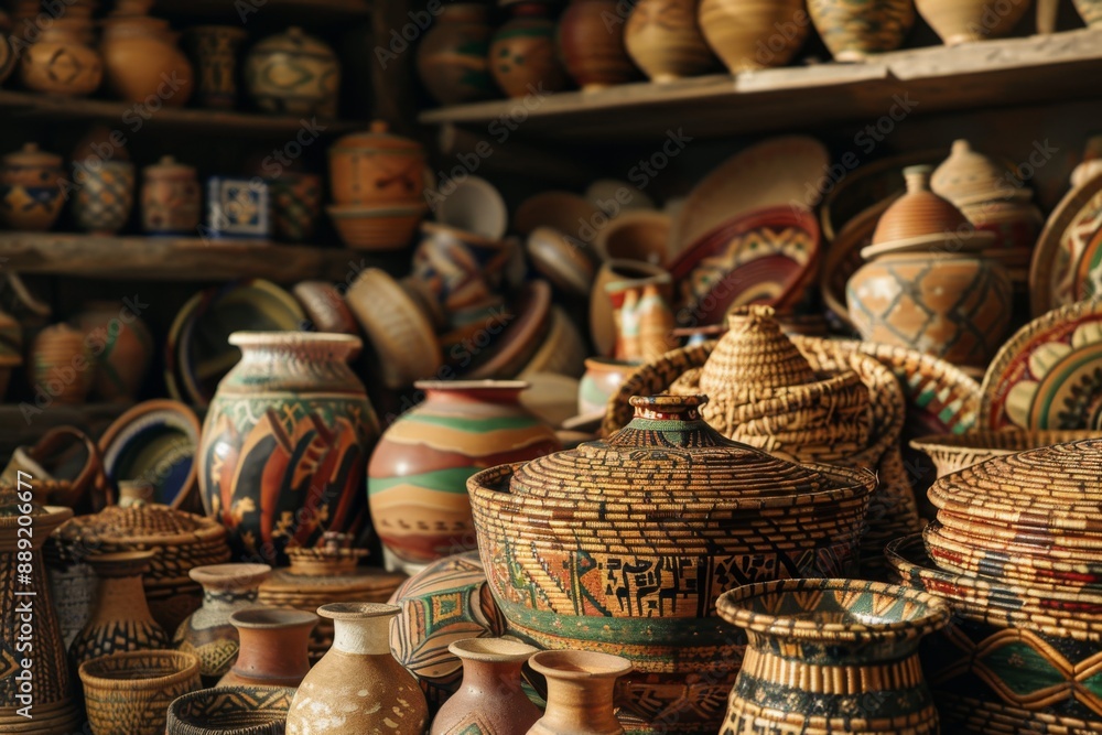 Exquisite pottery and woven baskets adorned with the phrase 'National Day' in bold letters, commemorating Morocco's National Day festivities. Exquisite pottery and woven baskets adorned with the phrase 'National Day' in bold letters, commemorating Morocco's National Day festivities.
