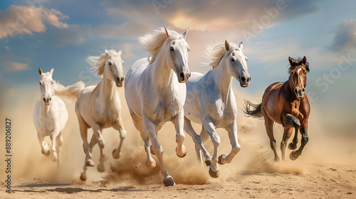 Group of horses gallop in the desert