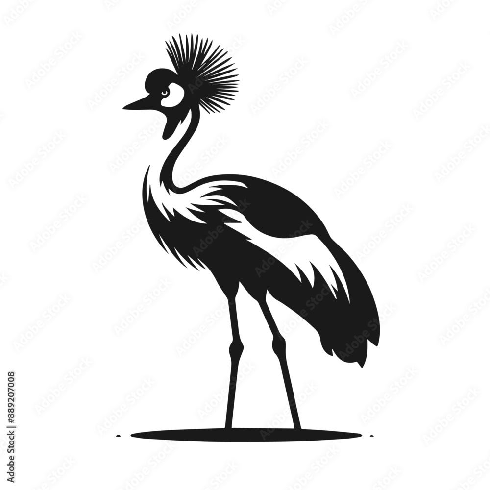 Obraz premium Clean black and white vector Silhouette of a Grey crowned crane isolated on white background