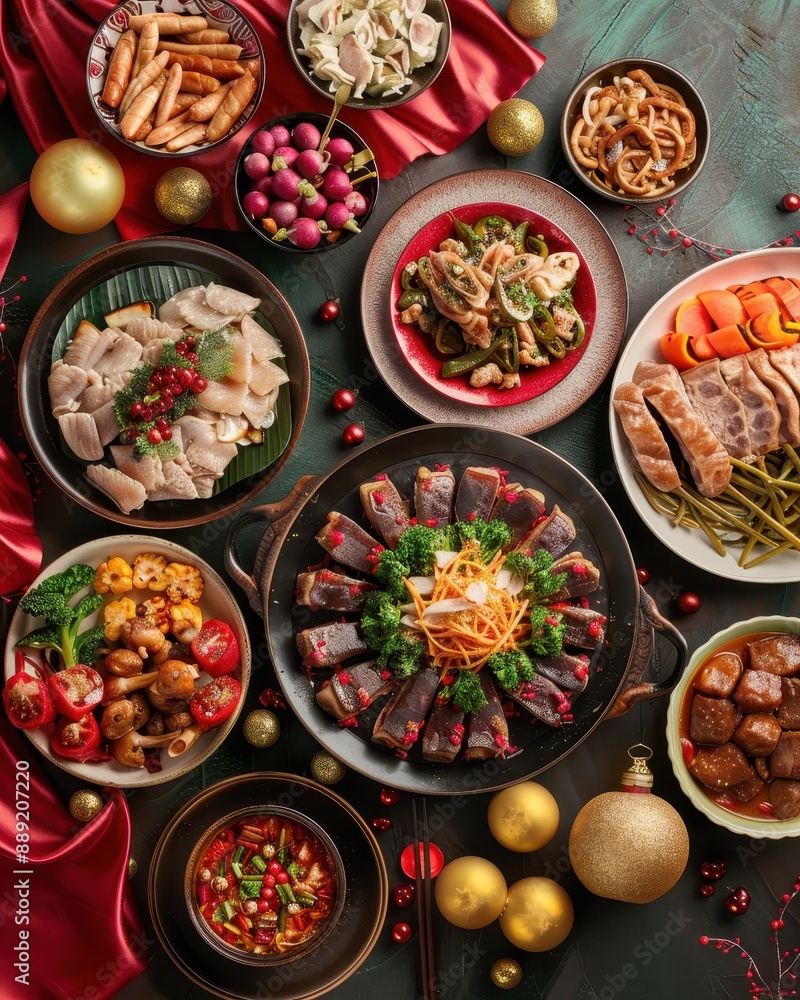 Festive table with an assortment of delicious holiday dishes, vibrant vegetables, and seasonal decorations. Festive table with an assortment of delicious holiday dishes, vibrant vegetables, and seasonal decorations.