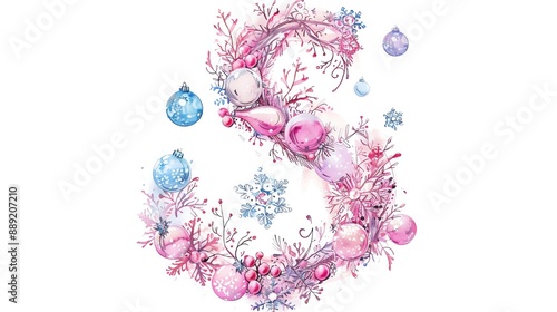 Watercolor illustration of the letter S decorated with snowflakes and Christmas baubles photo