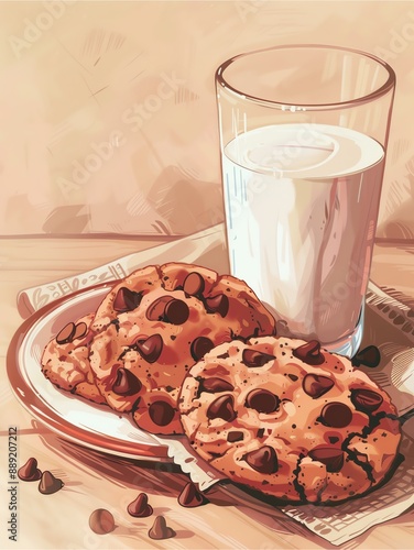 Cookies and milk, a delicious snack of fresh baked cookies and a glass of milk, perfect for breakfast or dessert. photo