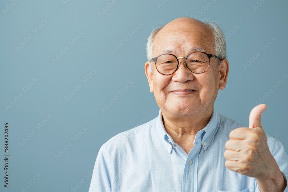 Close up senior asian man with thumbs up gesture isolated on blue background. Close up senior asian man with thumbs up gesture isolated on blue background.