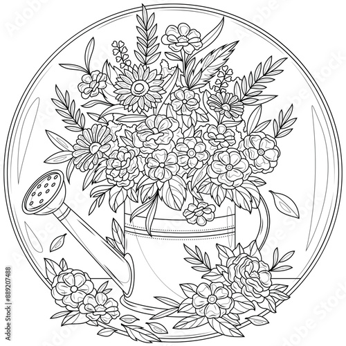 Flowers in the watering can.Coloring book antistress for children and adults.