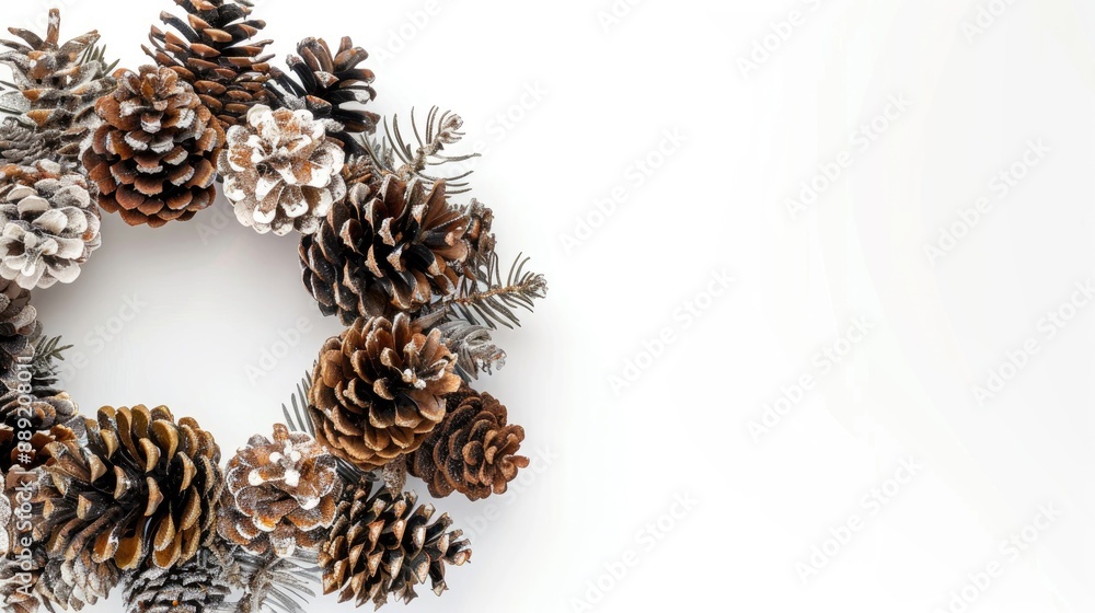 Christmas wreath of pine cones hung by hand on white background top view with space for text Christmas wreath of pine cones hung by hand on white background top view with space for text