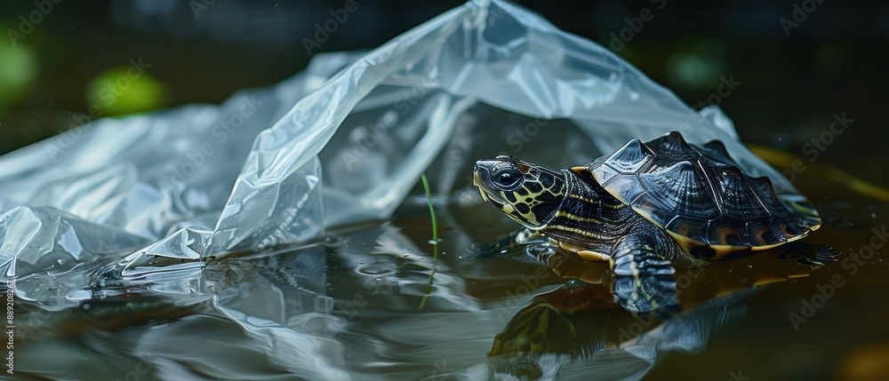 Obraz premium Endangered Turtle Trapped in Plastic Bag at Water's Edge - Environmental Pollution Crisis