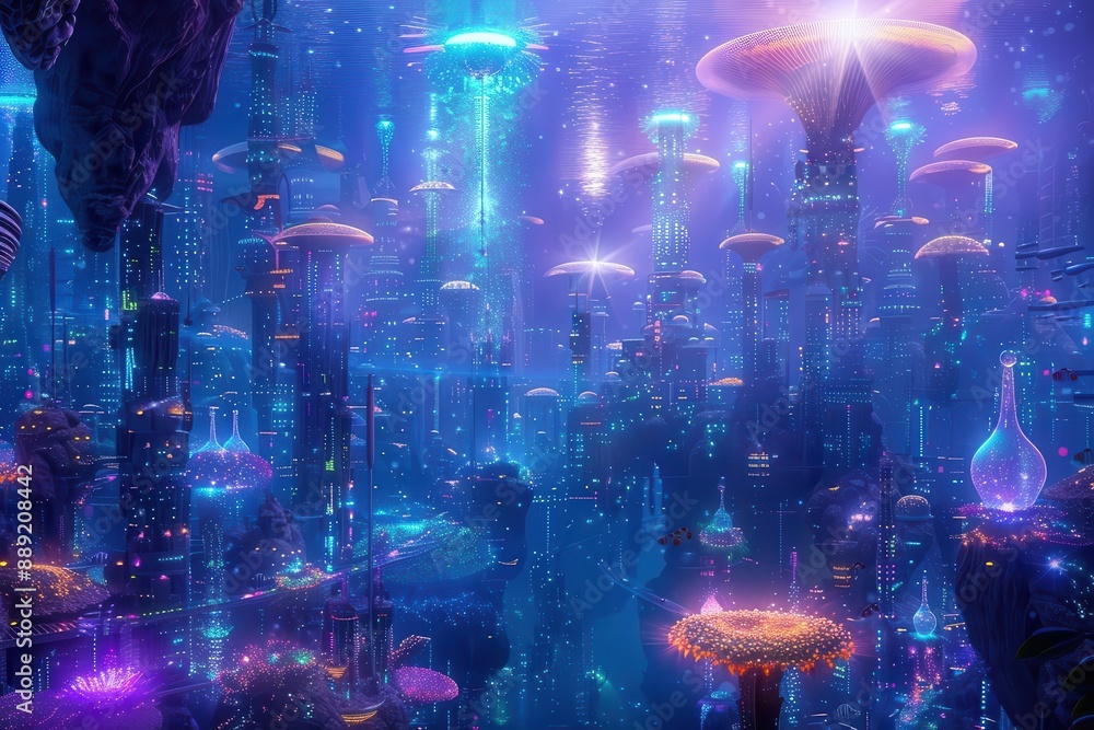 Obraz premium surreal underwater cityscape with bioluminescent coral skyscrapers schools of neon fish and translucent bubble transport pods shimmering light beams pierce through the depths