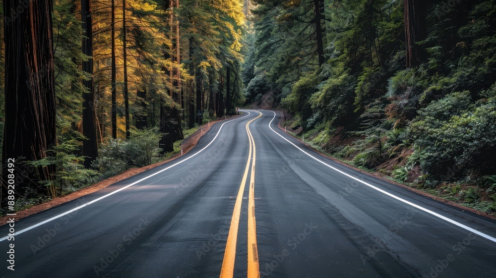 Picturesque winding road through a forest of towering trees during autumn, highlighting vibrant foliage and serene nature scenery. Picturesque winding road through a forest of towering trees during autumn, highlighting vibrant foliage and serene nature scenery.