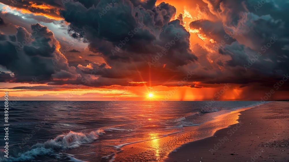 A dramatic sunset over a beach with a storm approaching A dramatic sunset over a beach with a storm approaching