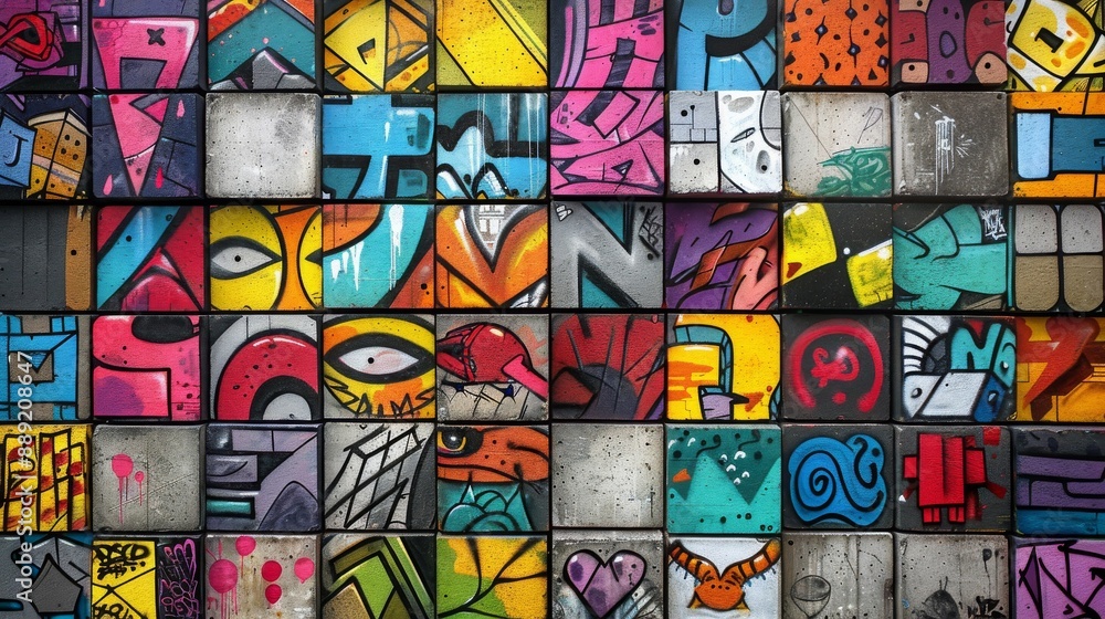 Graffiti Art Collage Focus on a collage of different graffiti styles with vibrant colors with a concrete wall background Graffiti Art Collage Focus on a collage of different graffiti styles with vibrant colors with a concrete wall background