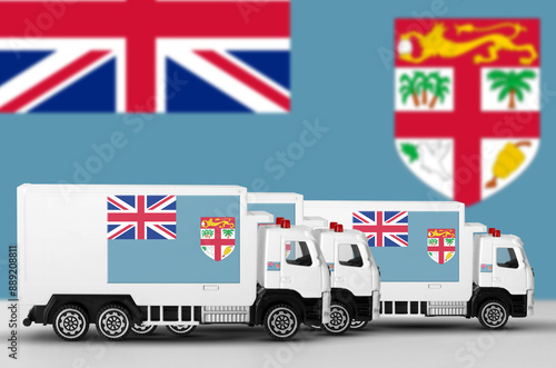 Fiji flag depicted on side wall of white delivery van close up. Shipping and local delivery concept photo