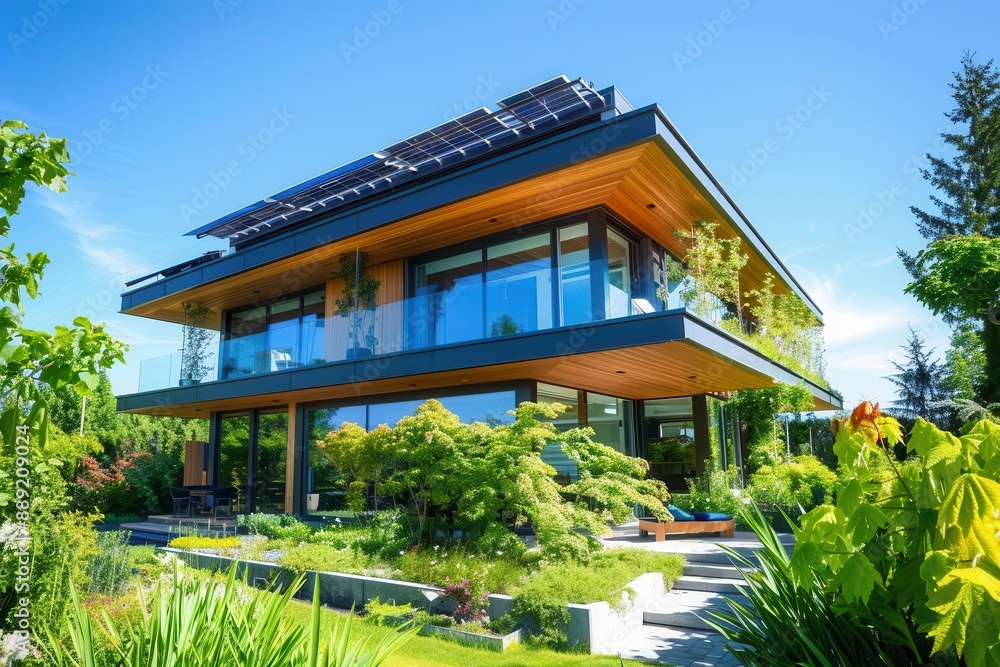 sustainable architecture modern home with sleek solar panel array ecofriendly design elements lush greenery surrounding structure blue sky backdrop sustainable architecture modern home with sleek solar panel array ecofriendly design elements lush greenery surrounding structure blue sky backdrop