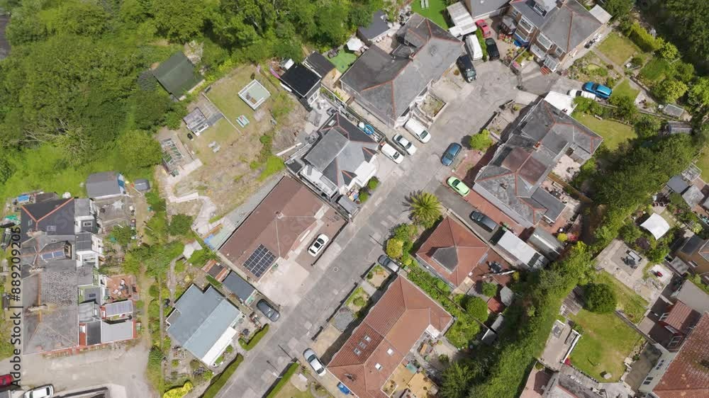 Aerial view of a cul-de-sac of houses in Plymouth, UK, showing residential area and gardens Aerial view of a cul-de-sac of houses in Plymouth, UK, showing residential area and gardens