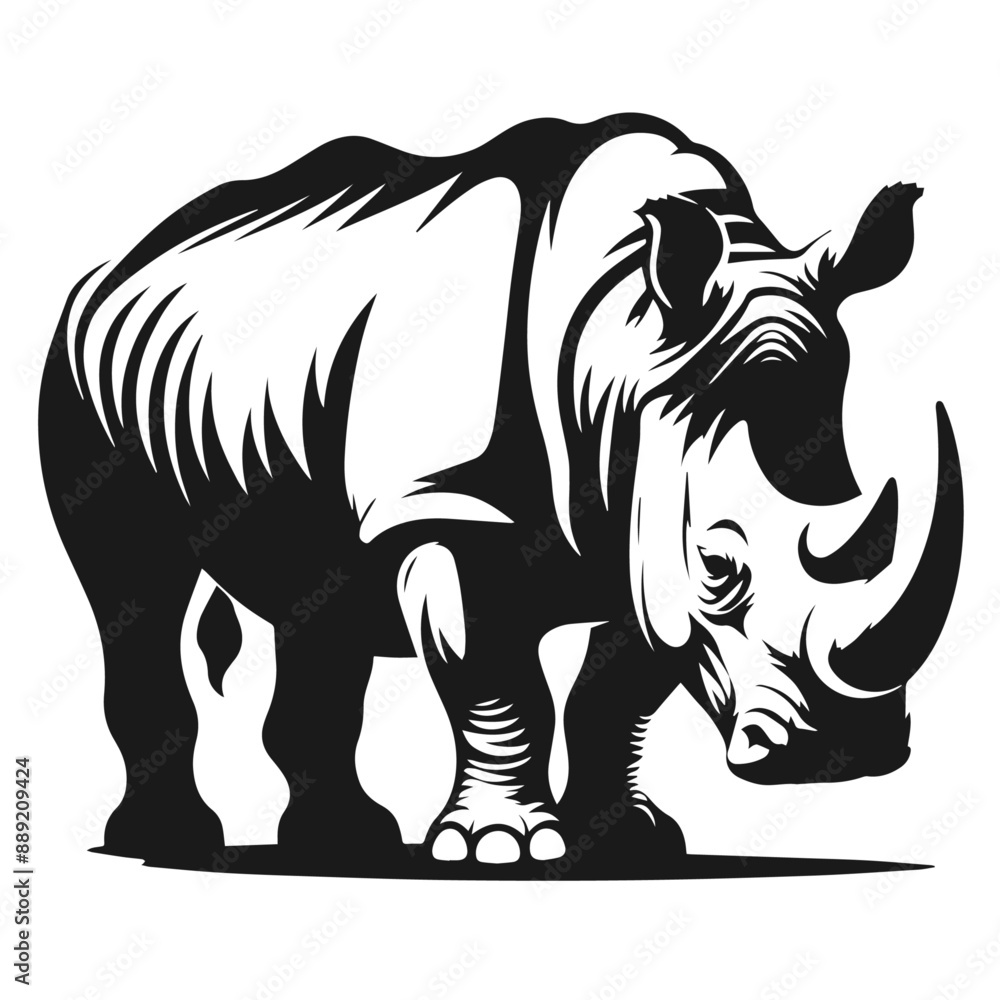 Fototapeta premium Clean black and white vector Silhouette of a Black Rhino isolated on white background