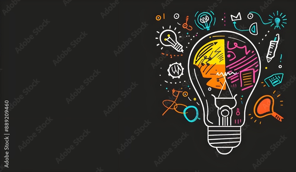 Colorful drawing of a light bulb with creative thinking concept icons on a white background, this vector illustration design is in the stock photo style for business and education. Colorful drawing of a light bulb with creative thinking concept icons on a white background, this vector illustration design is in the stock photo style for business and education.