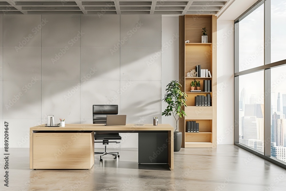 The minimalist design of the office interior is highlighted by the sharp focus of the UHD 4K mock-up wall, creating a visually striking and inspiring environment. The minimalist design of the office interior is highlighted by the sharp focus of the UHD 4K mock-up wall, creating a visually striking and inspiring environment.