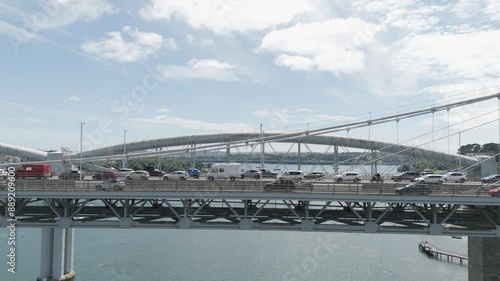 Aerial view of vehicles stuck in heavy traffic on the Tamar Bridge in Plymouth, UK, showing congestion photo