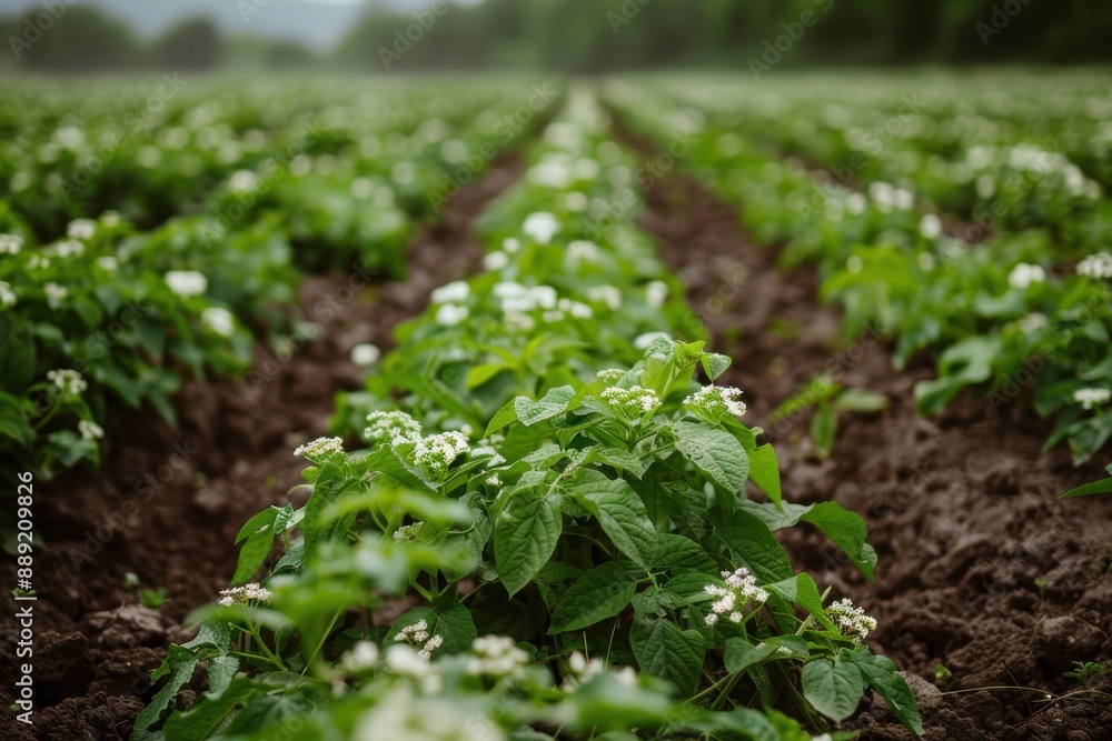 Potato field in spring, with rows of lush green plants adorned with small white flowers, set against a soft-focus background Potato field in spring, with rows of lush green plants adorned with small white flowers, set against a soft-focus background