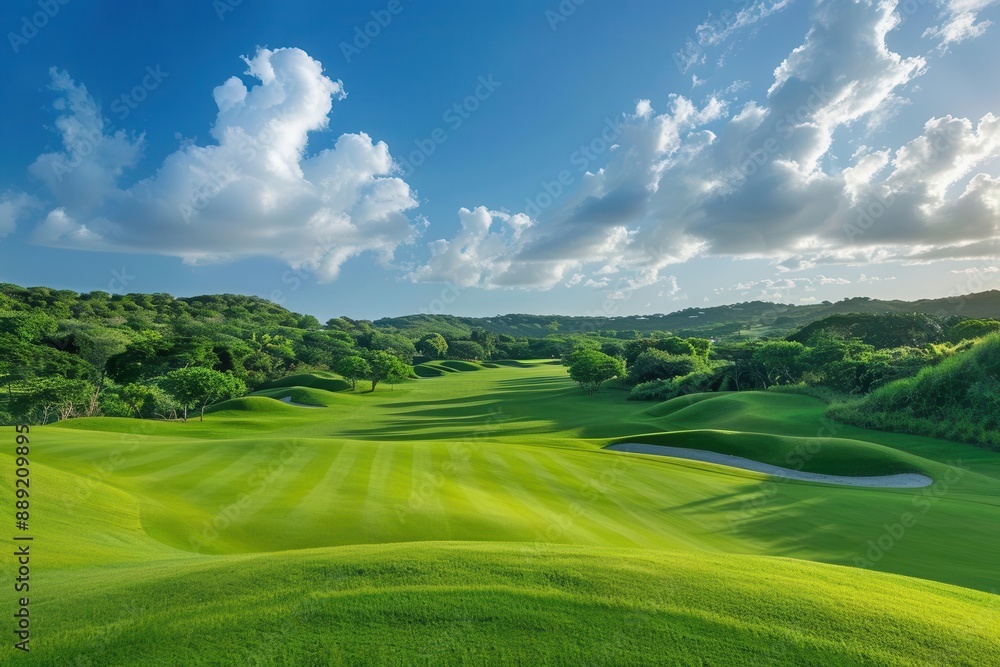 sweeping panorama of lush green golf course under azure sky rolling hills manicured fairways and pristine sand traps create visual symphony of nature and sport sweeping panorama of lush green golf course under azure sky rolling hills manicured fairways and pristine sand traps create visual symphony of nature and sport
