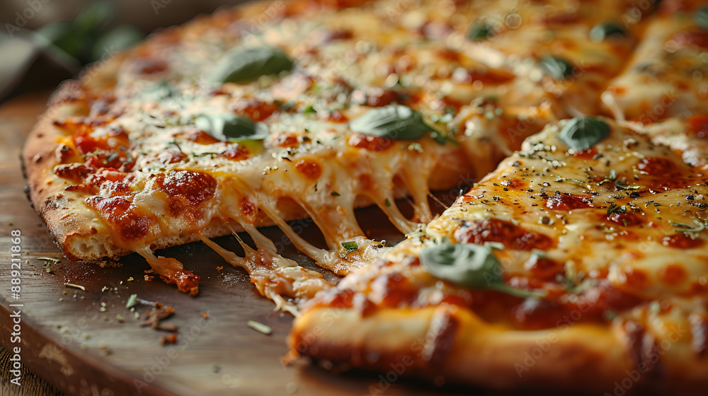 Pizza with mozzarella cheese and basil on a wooden board Pizza with mozzarella cheese and basil on a wooden board