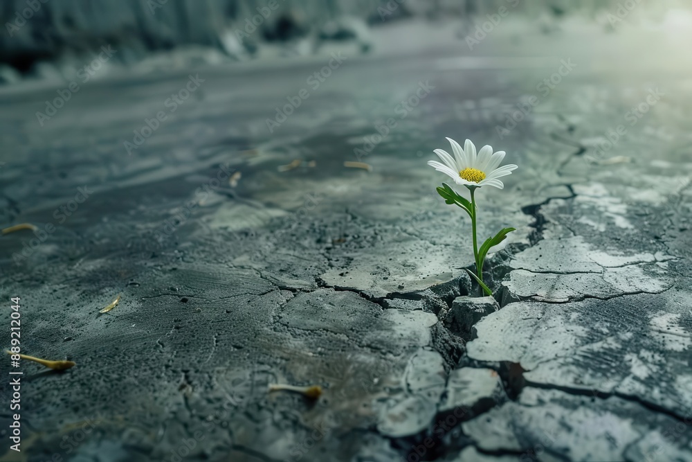 Naklejka premium tiny resilient flower growing through cracks in concrete street inspirational symbol