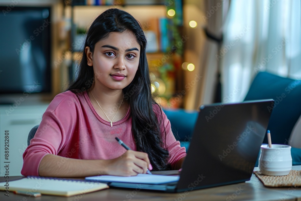 Focused woman working at home, laptop and notes, cozy interior, evening light Focused woman working at home, laptop and notes, cozy interior, evening light