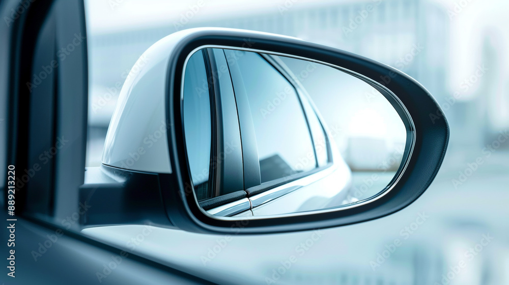 White blank car mirror, side view mirror of car with white screen on blue background White blank car mirror, side view mirror of car with white screen on blue background