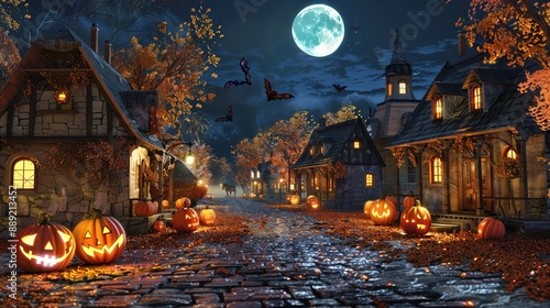 Eerie Halloween Village Street at Night with Jack-o'-lanterns and Full Moon