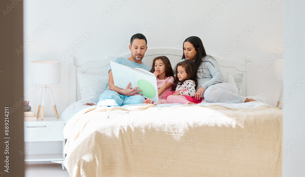 Family, girls and people with storytelling on bed at home for fun, bonding and care with education. House, parents and kids with learning on book reading for knowledge, information and child growth Family, girls and people with storytelling on bed at home for fun, bonding and care with education. House, parents and kids with learning on book reading for knowledge, information and child growth
