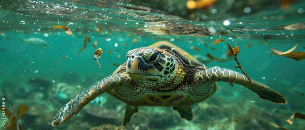 Fototapeta premium Helpless Turtle Entangled in Plastic Rings Fights for Survival in Polluted Ocean
