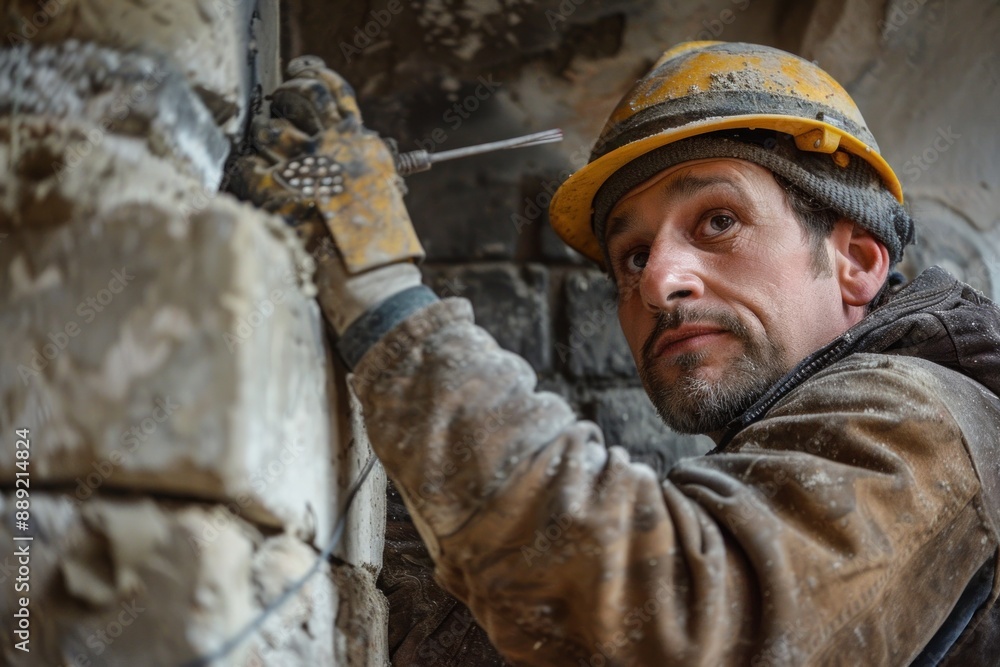 Chimney sweep maintaining a chimney in a historic building, emphasizing the preservation of older structures through regular upkeep. The worker's respectful handling of the antique chimney and use of Chimney sweep maintaining a chimney in a historic building, emphasizing the preservation of older structures through regular upkeep. The worker's respectful handling of the antique chimney and use of