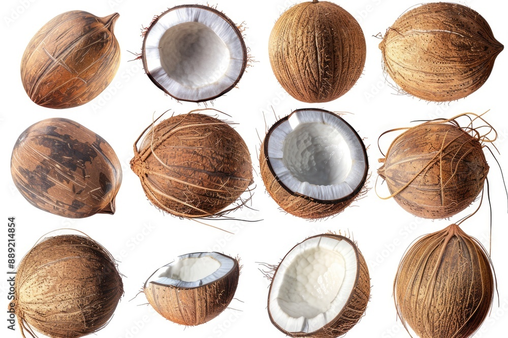 A collection of coconuts arranged neatly on a white surface, ideal for use in food or tropical-themed contexts A collection of coconuts arranged neatly on a white surface, ideal for use in food or tropical-themed contexts