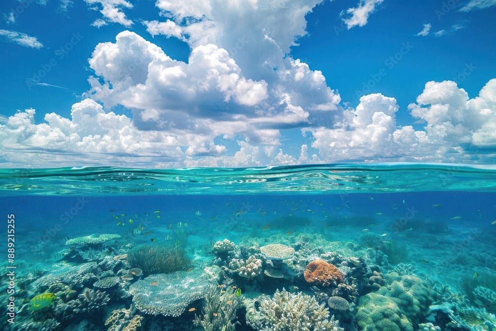 tranquil underwater scene split with vibrant sky above crystalclear turquoise water reveals colorful coral and fish below while fluffy clouds drift across azure sky above tranquil underwater scene split with vibrant sky above crystalclear turquoise water reveals colorful coral and fish below while fluffy clouds drift across azure sky above