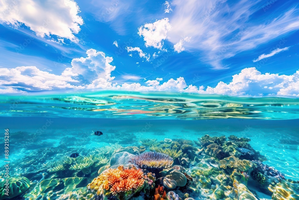 tranquil underwater scene split with vibrant sky above crystalclear turquoise water reveals colorful coral and fish below while fluffy clouds drift across azure sky above tranquil underwater scene split with vibrant sky above crystalclear turquoise water reveals colorful coral and fish below while fluffy clouds drift across azure sky above