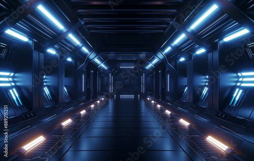 A dark background for product photography of an empty sci-fi room with high tech black and blue lighting