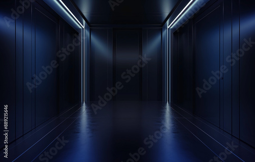 A dark background for product photography of an empty sci-fi room with high tech black and blue lighting