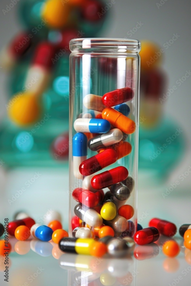 A glass bottle filled with multicolored pills A glass bottle filled with multicolored pills