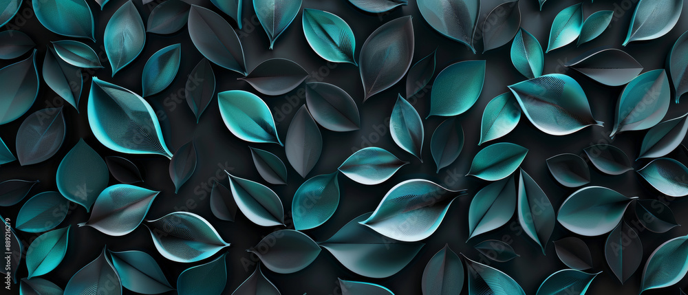 Teal Paper Leaf Pattern on a Black Background Teal Paper Leaf Pattern on a Black Background