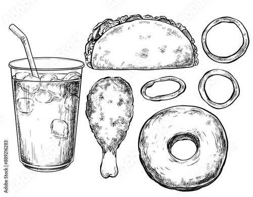 Fast food set hand drawn vintage vector sketch drawing	
