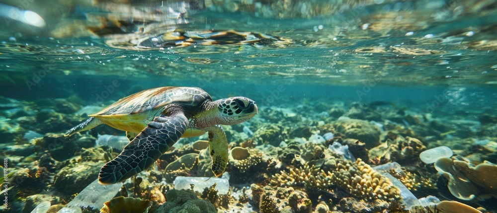 Endangered Turtle Navigating Through Polluted Waters – Environmental Issue of Plastic Waste in Ocean Ecosystem Endangered Turtle Navigating Through Polluted Waters – Environmental Issue of Plastic Waste in Ocean Ecosystem