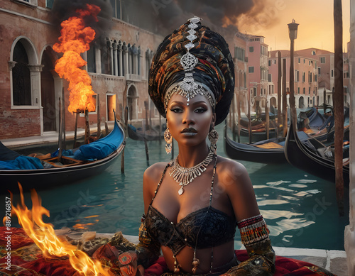 Venetian Fire: African Woman in Millefiori Body Art with Fiery Backdrop photo