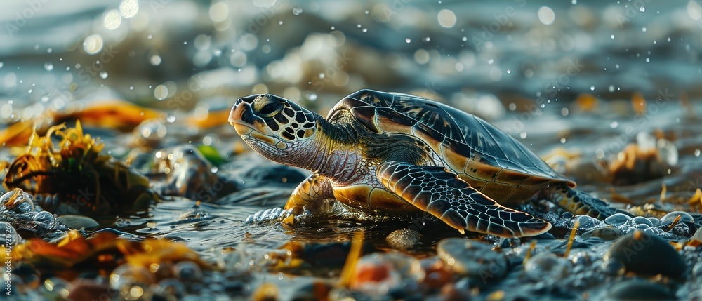 Turtle navigating through contaminated waters near the coastline in search of clean habitat Turtle navigating through contaminated waters near the coastline in search of clean habitat